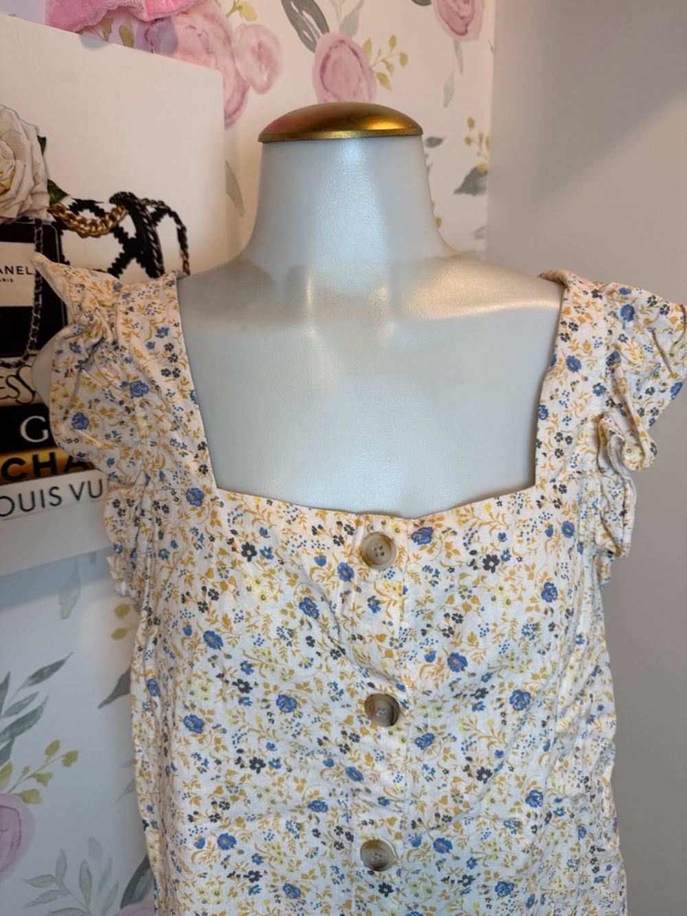 Madewell Yellow Floral Square-Neck Ruffle Button Tank - Picture 2 of 5